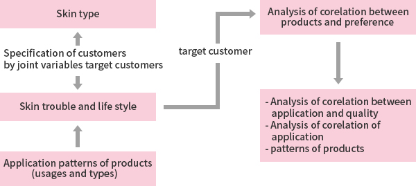 Skin type ← Customer segmentation through joint variables → Skin distress and lifestyle ← Product usage pattern (methods and types of use) ← Target customer → Product / preference correlation analysis → Feeling / attribution correlation analysis, product usage pattern Flexibility analysis, lifestyle Uniqueness